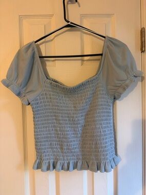 Nordstrom Sky Blue Smocked Puff-Sleeve Crop Top